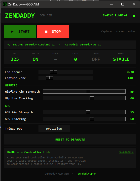 ZenDaddy GOD AIM — engine running, 325 FPS, aim assist active