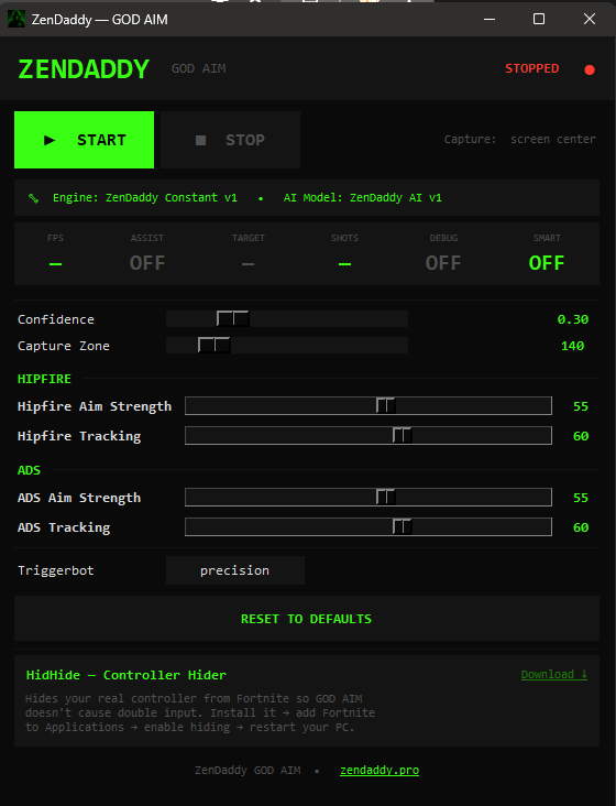 ZenDaddy GOD AIM — main settings panel